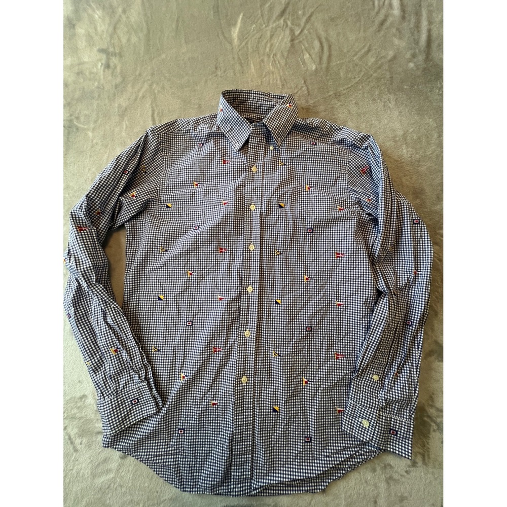 Ralph Lauren Button Down Shirt Mens M Blue Gingham Nautical Flag Embroidered